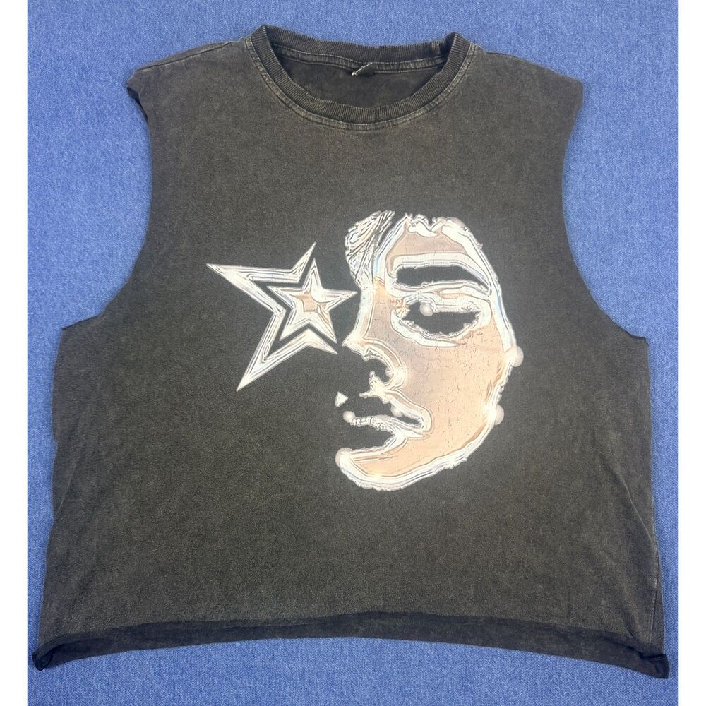 manfinity M Womens Black Graphic Sleeveless T Shirt Faded Y2K Distressed Face
